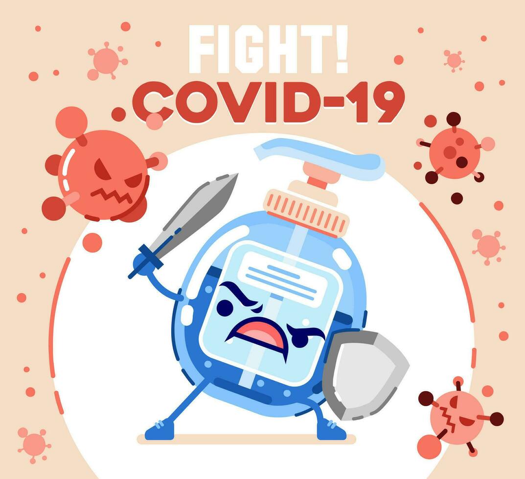 hand- ontsmettingsmiddel karakter brengen zwaard en schild naar vijgen corona virus vector illustratie