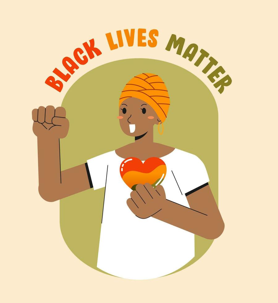 vrouw met hart zwart leeft er toe doen campagne poster banier ondersteuning zwart mensen naar krijgen Gelijk rechten, menselijk eenheid van verschillend rassen, hou op racisme vector