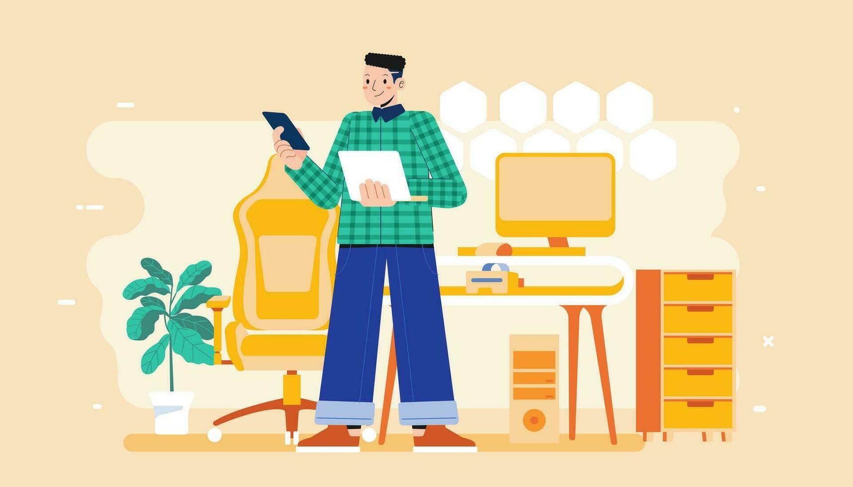 jong Mens werken Bij haar bureau Bij huis met laptop Bij haar bureau en testen app ui en ux Aan smartphone vector illustratie van freelancer ontwerper