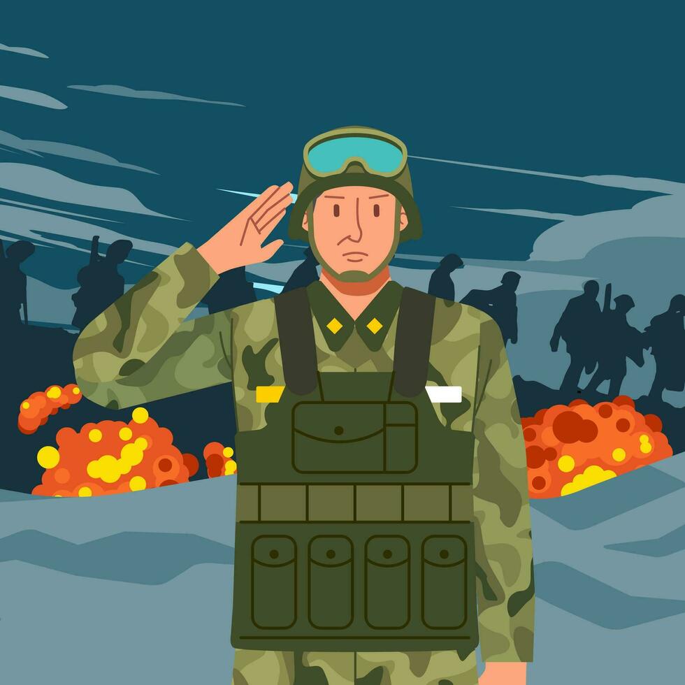 soldaat leger portret in gevecht uniform geven groet met explosie oorlog achtergrond en silhouet van lange mars soldaat vector