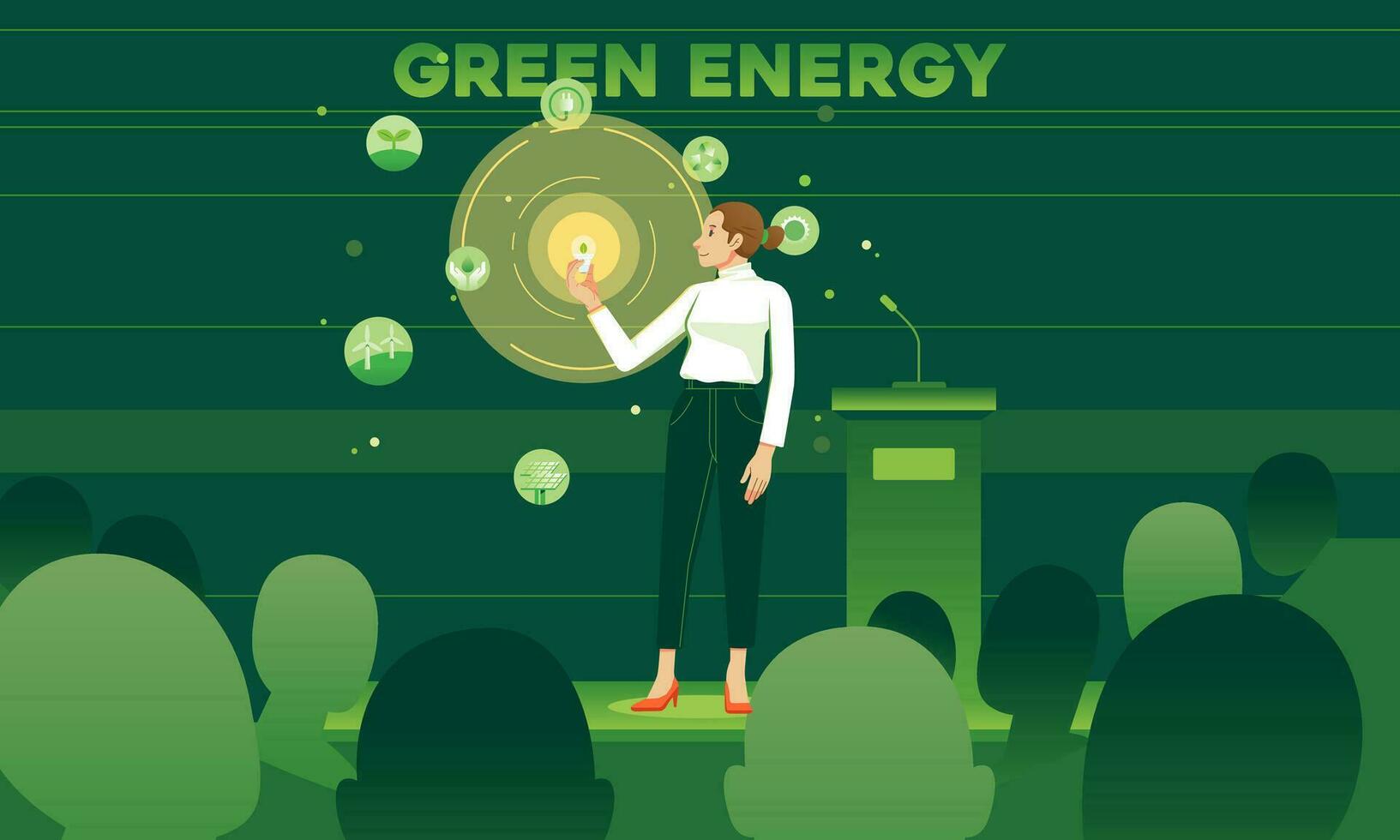 vrouw Aan conventie hal stadium Holding groen licht lamp presenteren hernieuwbaar energie idee milieu pictogrammen windmolen, recyclen, zonne- paneel, elektrisch auto eco vriendelijk technologie vector