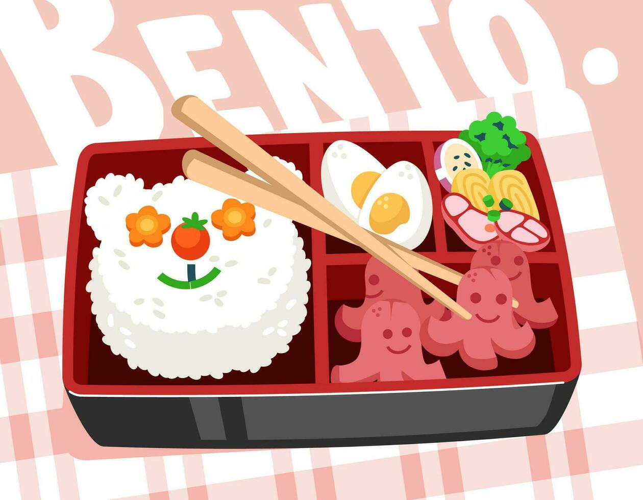 schattig Japans lunch doos of bento, met rijst- en kant gerechten vector illustratie