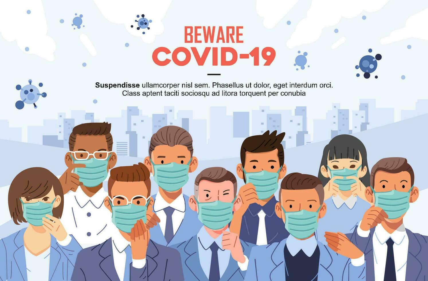 pas op van covid 19 poster met veel mensen jong en oud vervelend masker naar zelf het voorkomen vector