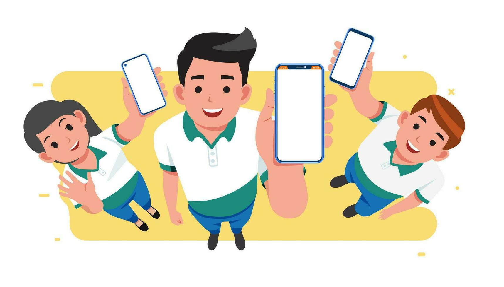 perspectief groep van mensen arbeider met uniform verheven zijn hand- naar tonen omhoog de blanco leeg scherm in mobiel telefoon vlak vector illustratie