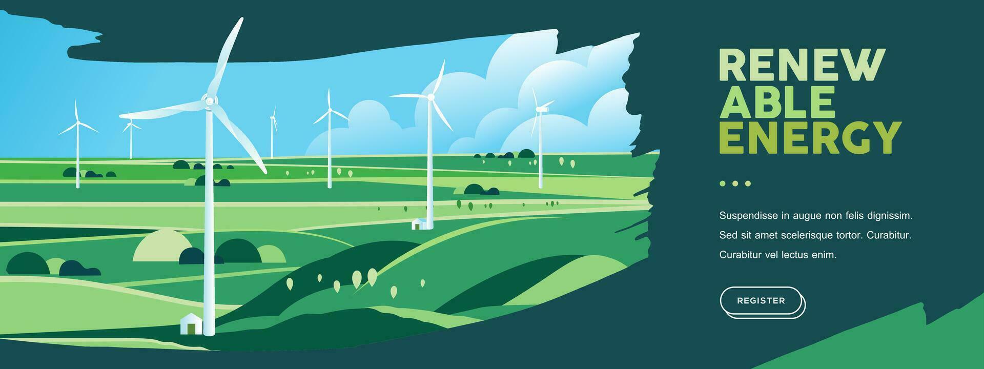 groen heuvels natuur landschap eco vriendelijk technologie, hernieuwbaar alternatief energie, duurzame omgeving, wind turbine banier vector