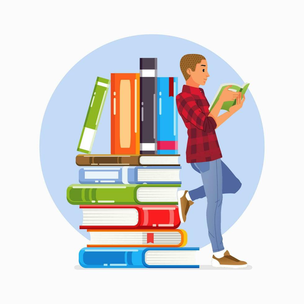 wereld geletterdheid dag campagne poster met jong Mens lezing boek en slank Aan stack van boeken vector illustratie