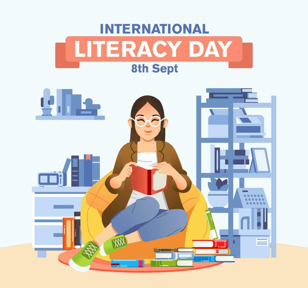 Dames zitten Aan Boon zak terwijl lezing boek in de leven kamer met boeken in de omgeving van voor Internationale geletterdheid dag campagne poster vector