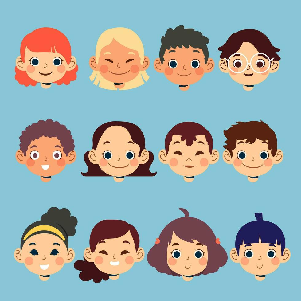 gelukkig verscheidenheid gezicht van schattig kinderen jongens en meisjes met divers kapsels, huid kleur, en multi etnisch vector