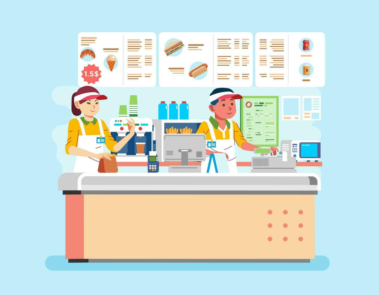 vector illustratie van Mens en Dames Kassa vervelend uniform Bij snel voedsel restaurant is portie klanten