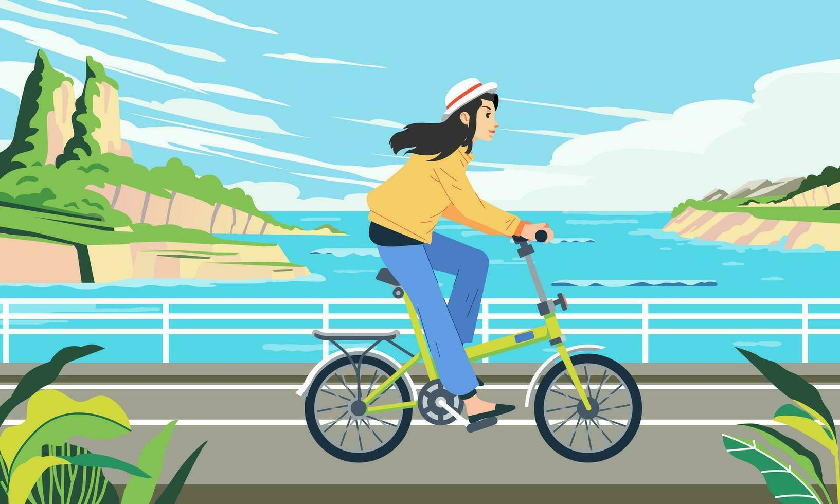 een vrouw ritten een fiets langs een kust weg met mooi zee landschap achter haar vector