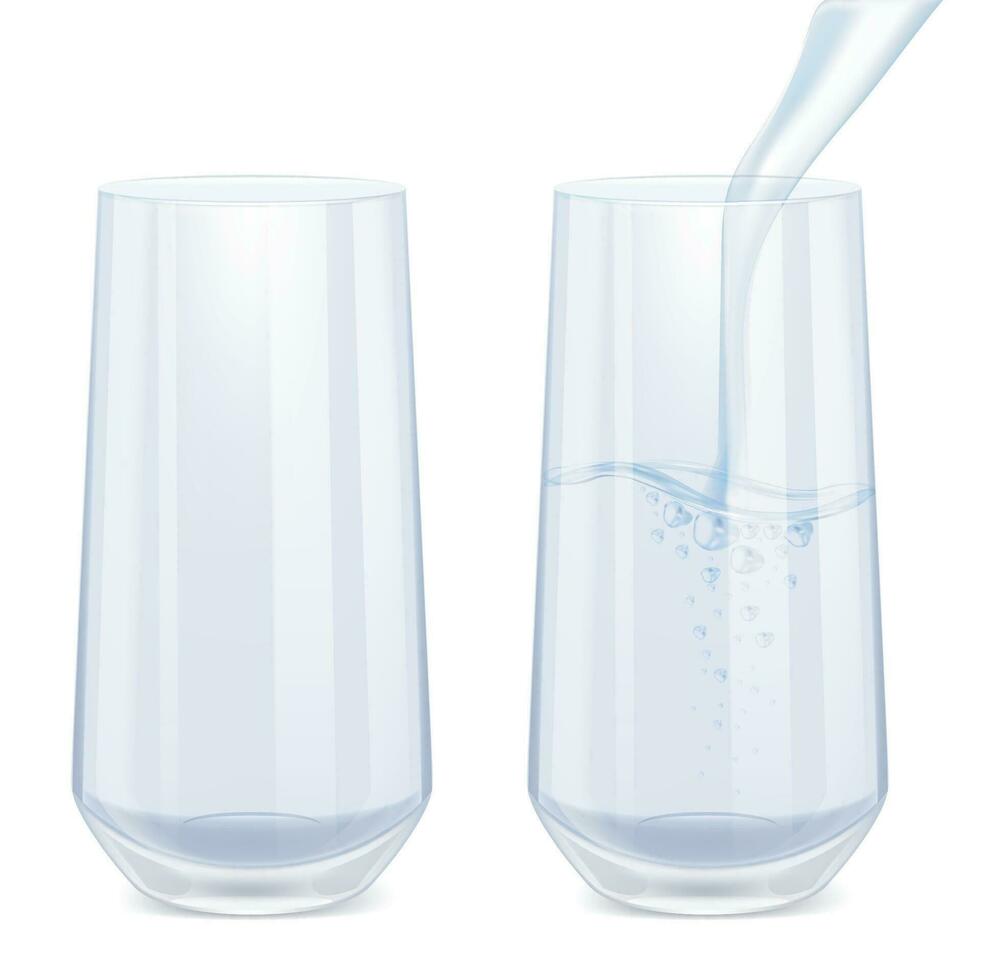 realistisch gedetailleerd 3d leeg glas kop en met water set. vector