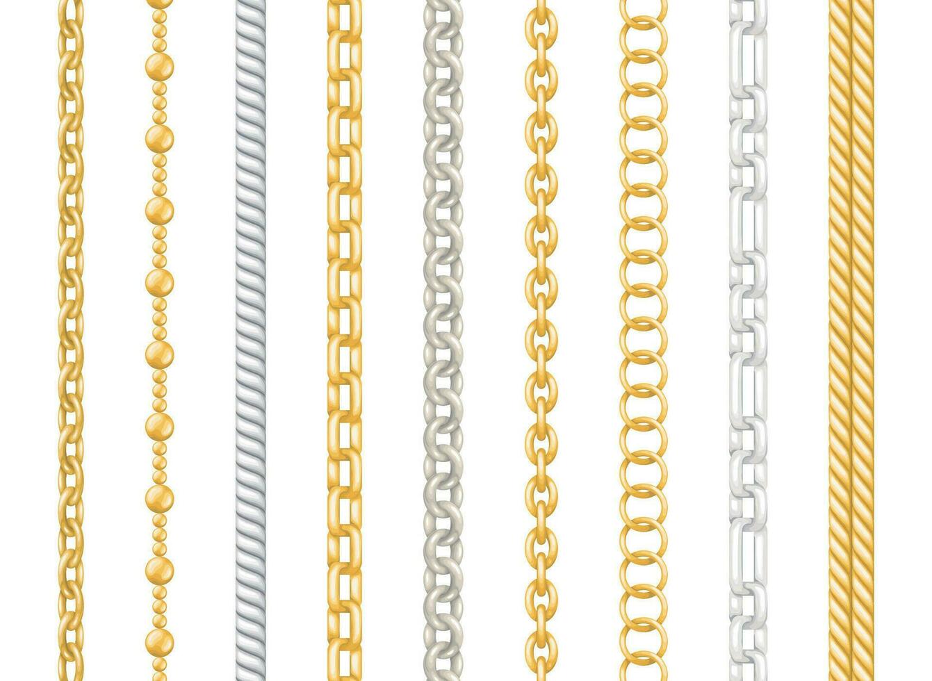 realistisch gedetailleerd 3d zilver en goud metaal decoratief kettingen set. vector