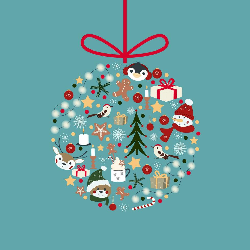 vector Kerstmis bal met schattig hert, pinguïn, sneeuwman en beer, decoraties, lichten, sterren. illustratie voor groet kaart, poster, banier, uitnodigingen.