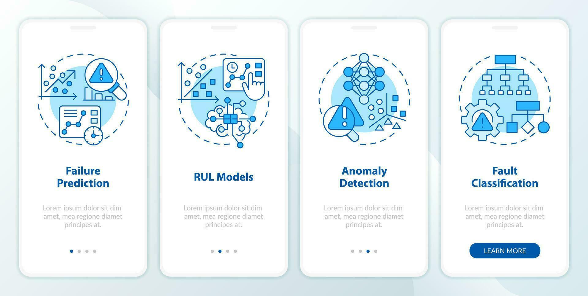 2d blauw pictogrammen vertegenwoordigen voorspellend onderhoud mobiel app scherm set. walkthrough 4 stappen grafisch instructies met lijn pictogrammen concept, ui, ux, gui sjabloon. vector