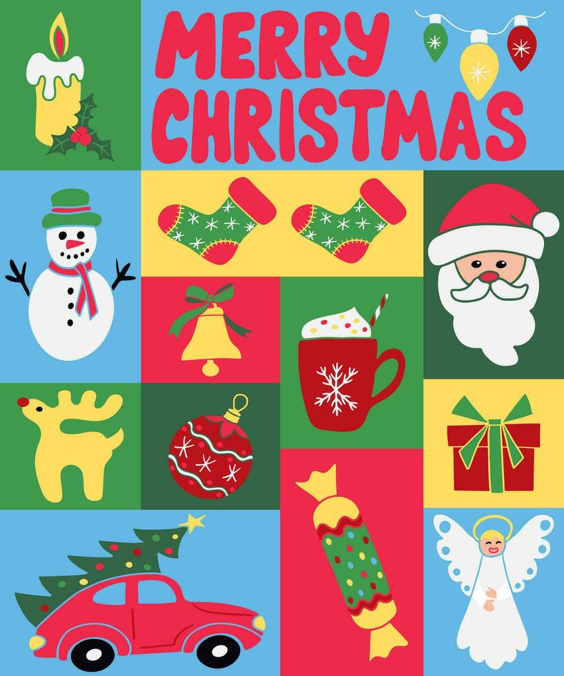 vrolijk kerstmis grafisch minimalistisch stijl poster. hand- getrokken winter feestdagen verwant items in vlak minimalistisch stijl. perfect voor sociaal media, grafisch poster, kaart, afdrukken, patroon, overhemd afdrukken vector