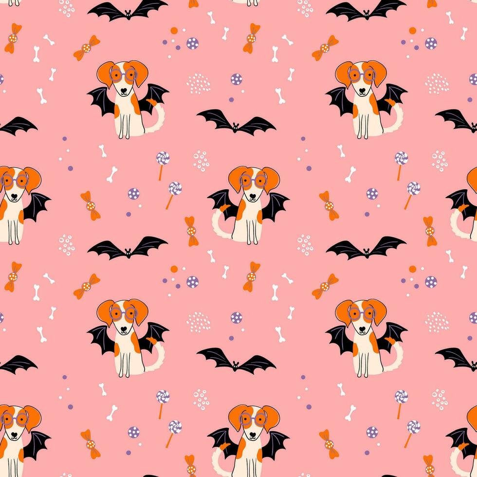 halloween naadloos patroon. schattig achtergrond met hond in een knuppel kostuum. huisdier pootje. vlak stijl vector illustratie.