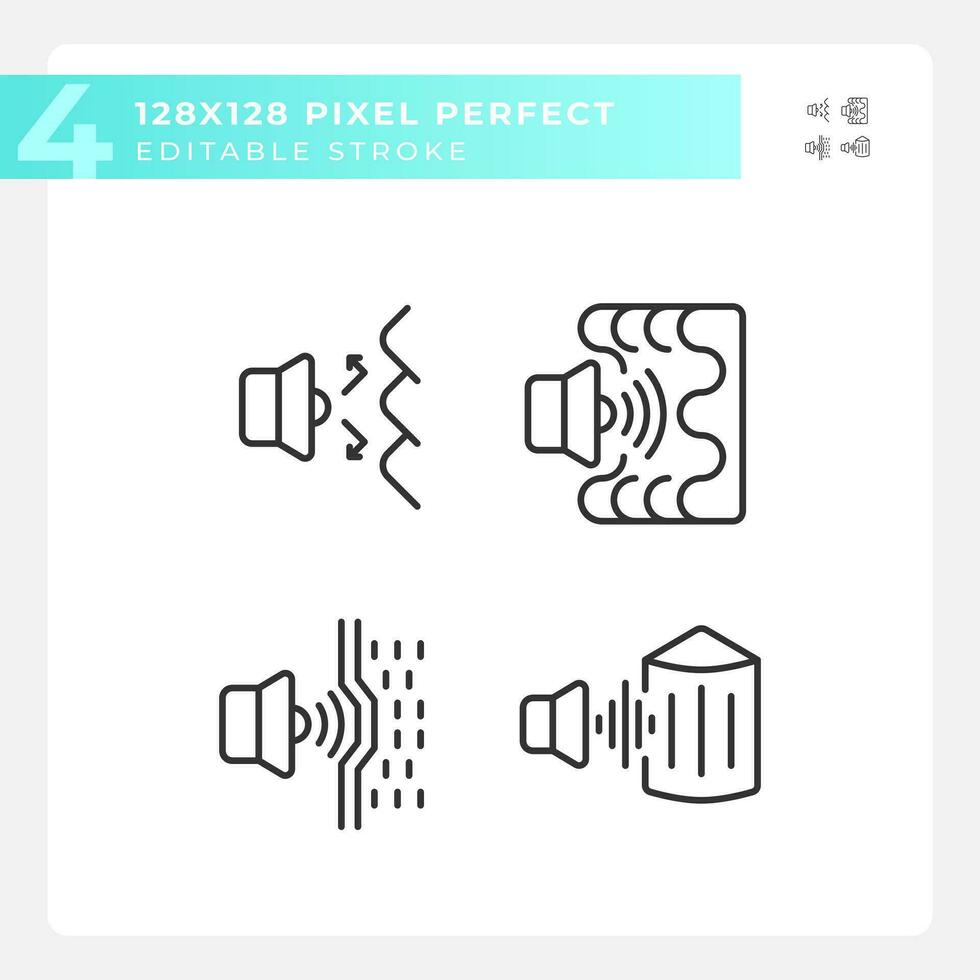 pixel perfect zwart pictogrammen reeks van geluidsisolatie, bewerkbare dun lineair creatief illustratie. vector