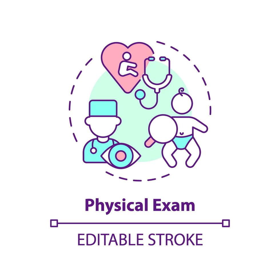 fysiek tentamen concept icoon. kliniek afspraak. baby dokter. medisch controleren omhoog. dokter op bezoek komen. pasgeboren zorg abstract idee dun lijn illustratie. geïsoleerd schets tekening. bewerkbare beroerte vector