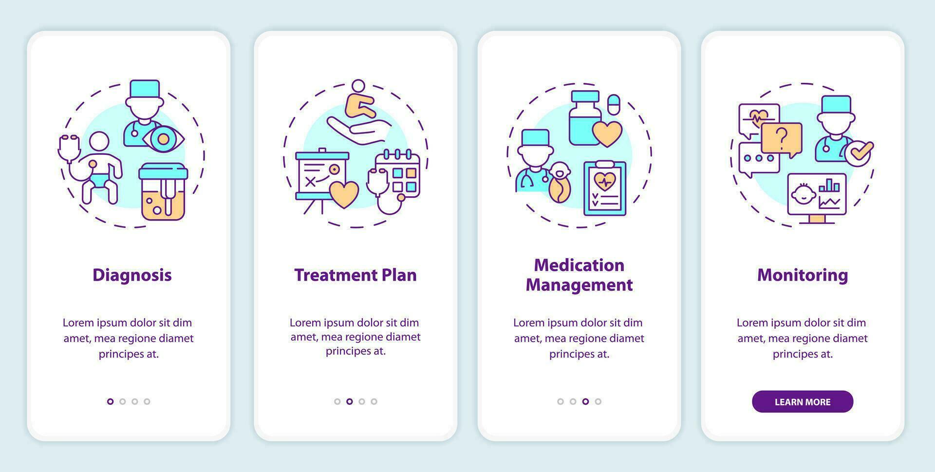 diagnose en behandeling onboarding mobiel app scherm. pediatrisch zorg walkthrough 4 stappen bewerkbare grafisch instructies met lineair concepten. ui, ux, gui sjabloon vector