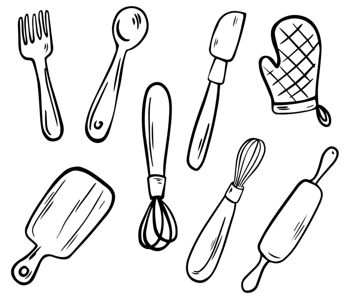collectie keukengerei. keukengereedschap, zeer fijne tekeningen. vector