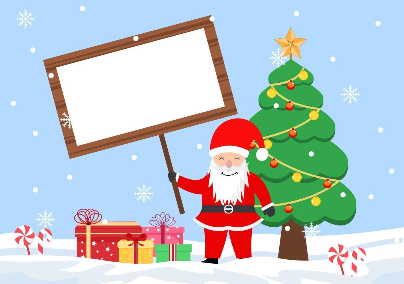 vrolijk kerstfeest met de kerstman of sneeuwpop cartoon naar het uithangbord vector