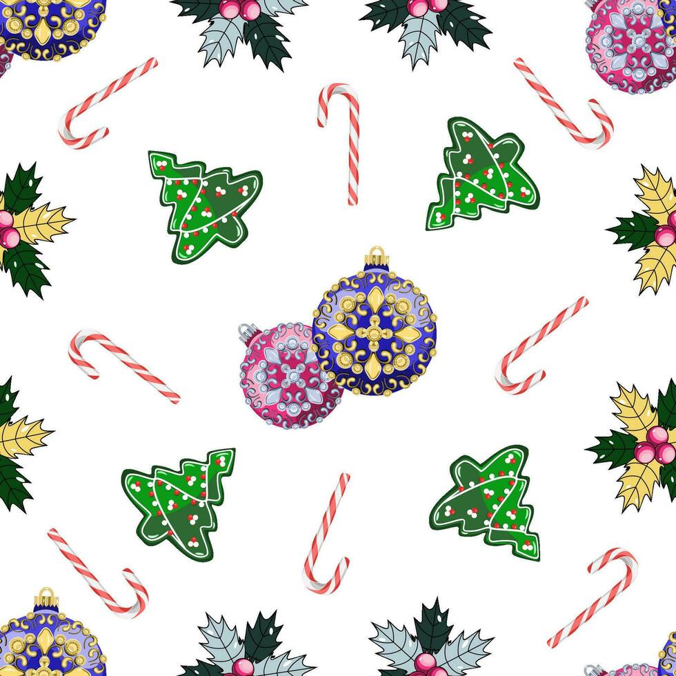 naadloos Kerstmis patroon met snoep wandelstokken, stokroos, peperkoek koekjes en Kerstmis ballen vector