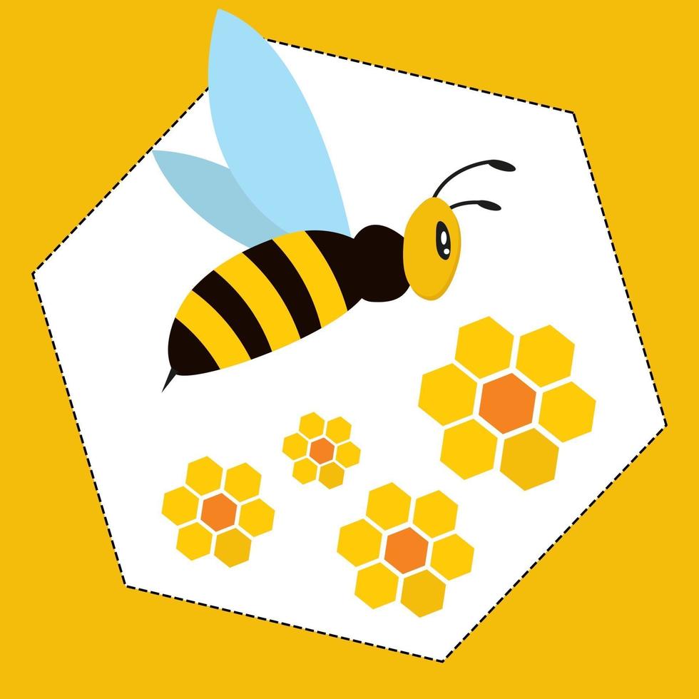 vliegende bij met honingraatbloemen in een zeshoek vector