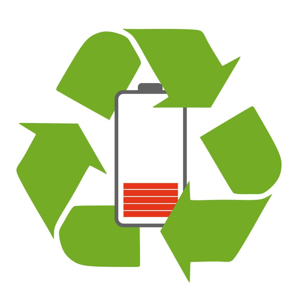 laag accu indicator met recycle symbool, hernieuwbaar energie concept. vector vlak tekenfilm illustratie. milieu bescherming. ecologie en recyclen, milieu besparing.