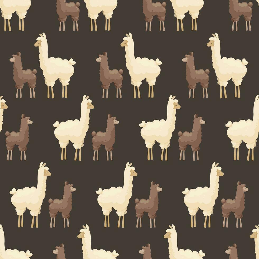 naadloos patroon met schattig moeder lama en baby Aan donker achtergrond. moeder alpaca met baby alpaca. creatief kinderen, kinderachtig achtergrond. voor textiel, kleding stof, kleding, omhulsel papier. vector