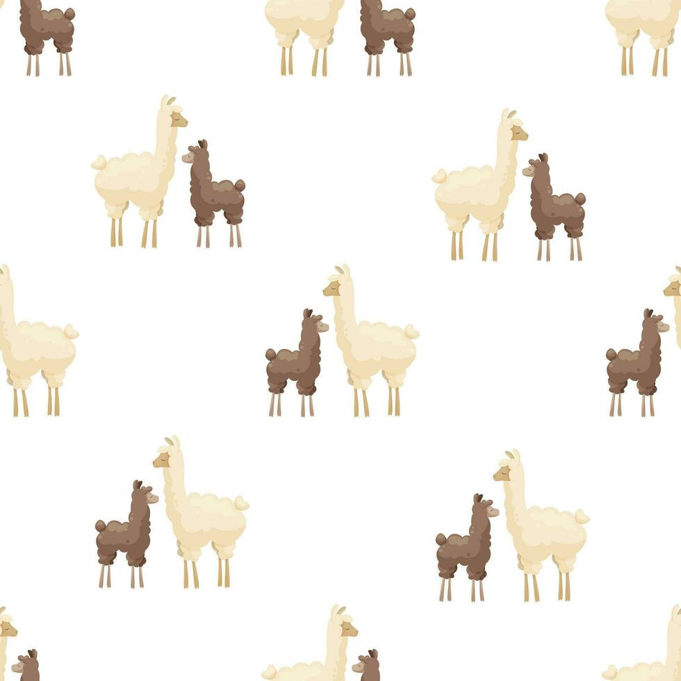 naadloos patroon met schattig moeder lama en baby Aan wit achtergrond. moeder alpaca met baby alpaca. creatief kinderen, kinderachtig achtergrond. voor textiel, kleding stof, kleding, omhulsel papier. vector