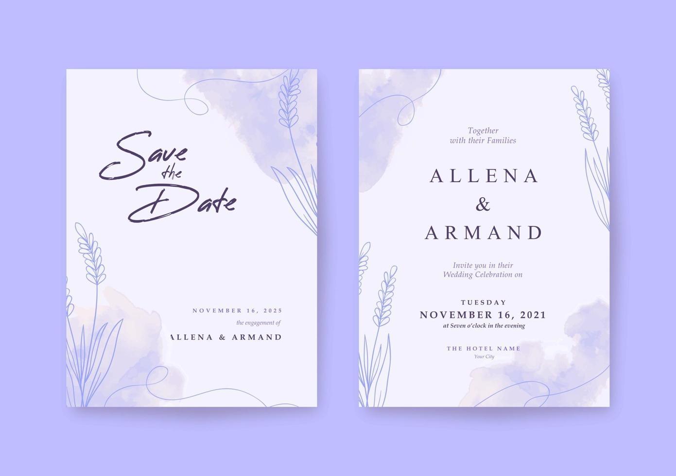 romantische huwelijksuitnodiging met mooie paarse lavendel vector