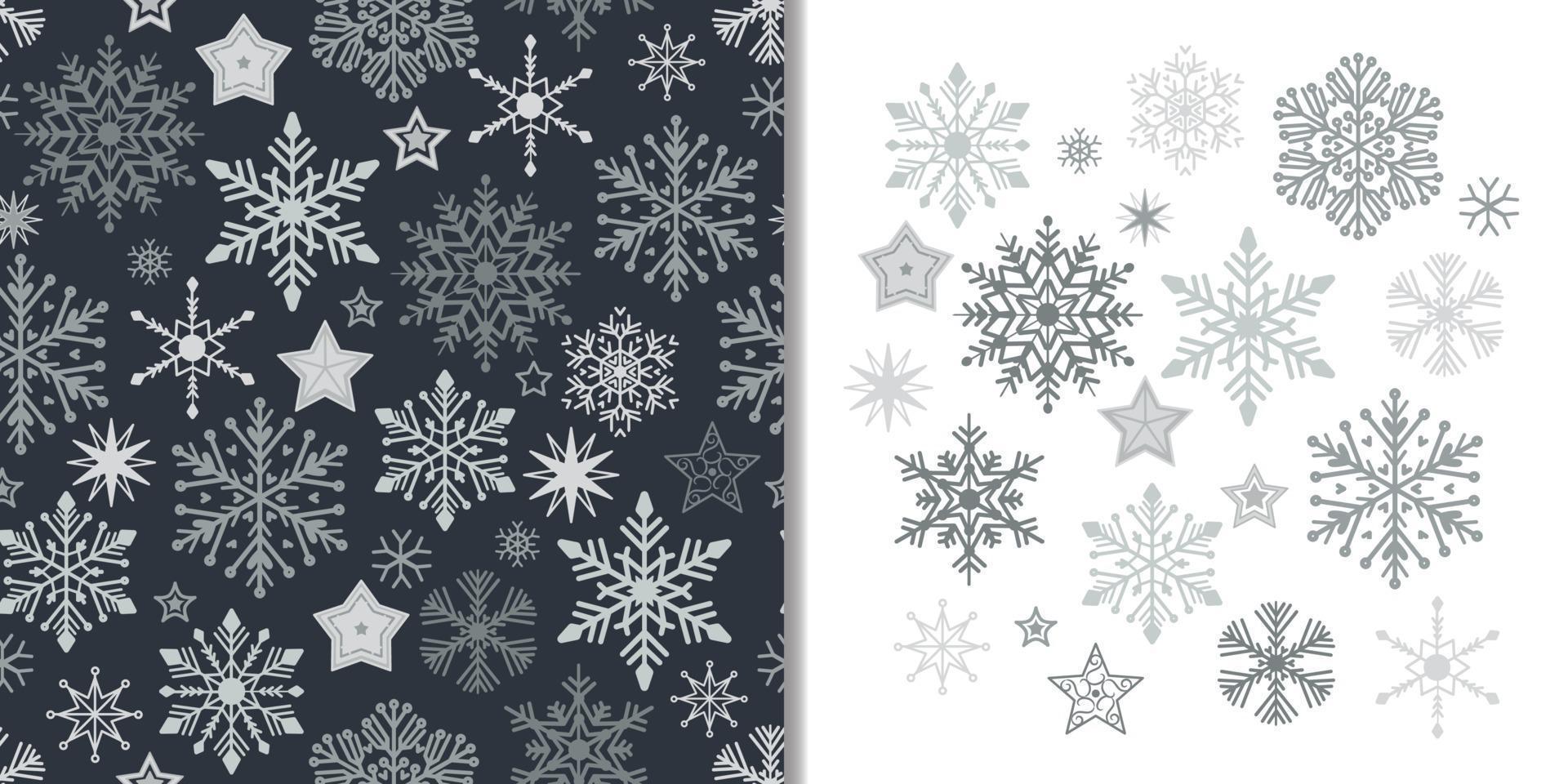 kerst schattige sneeuwvlokken set met naadloos patroon vector