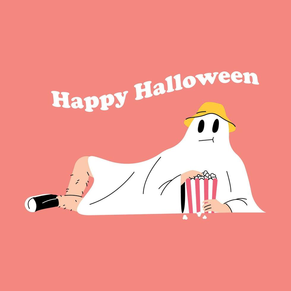 grappig halloween geest kostuum is aan het eten popcorn vector