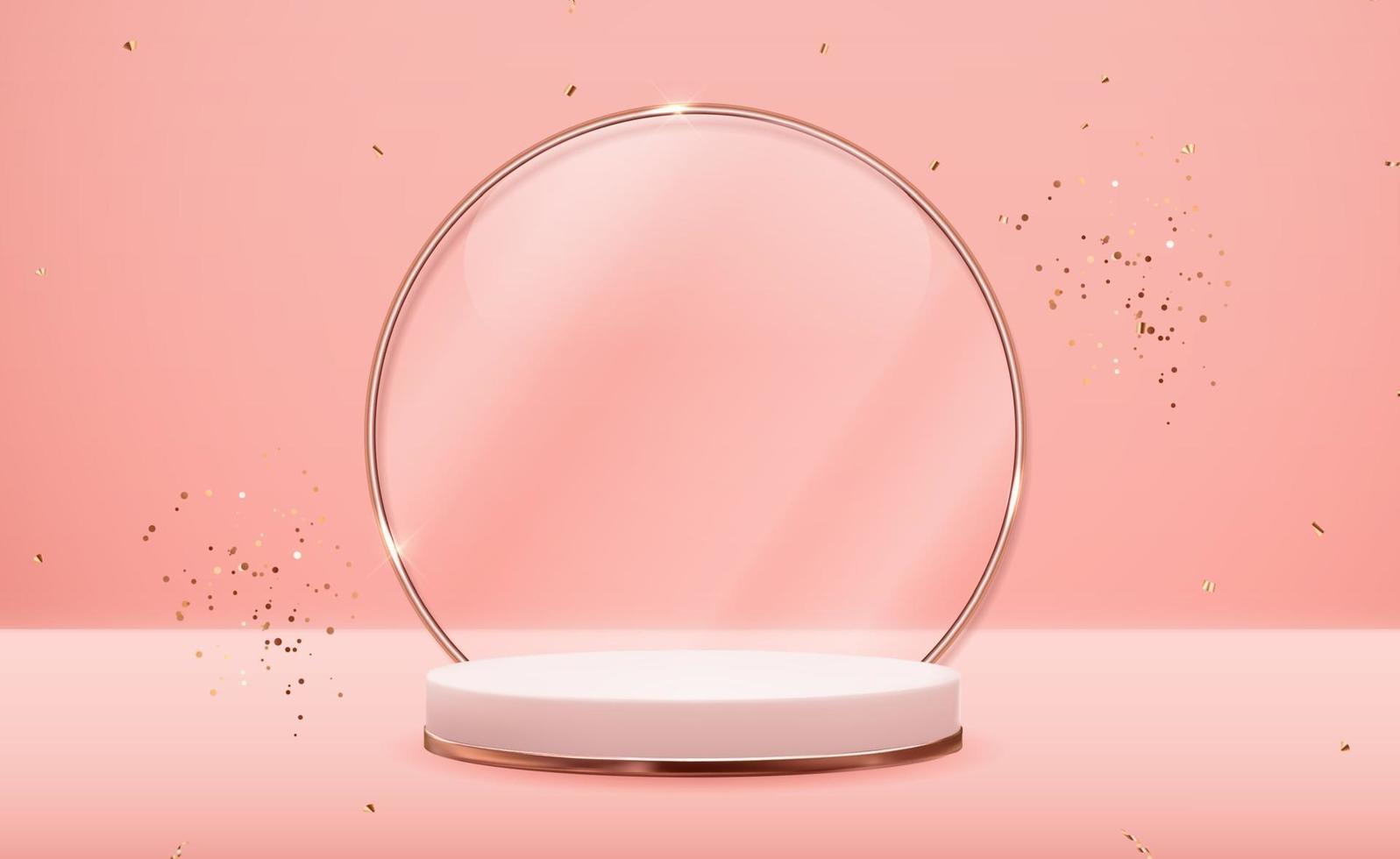 realistisch 3D-roségouden voetstuk met gouden glazen ringframe vector