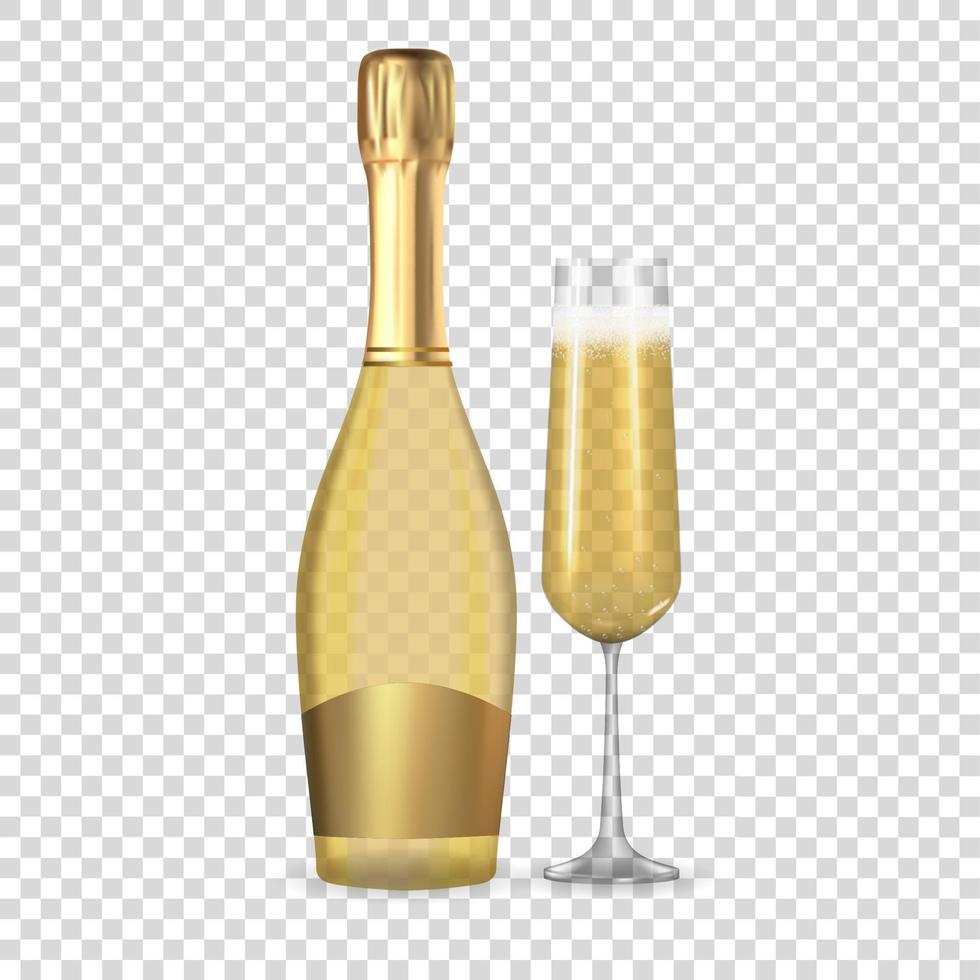 realistisch 3d champagne gouden fles en glaspictogram geïsoleerd vector