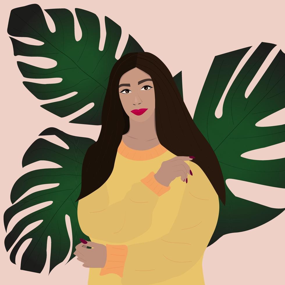 mooie vrouw met lang haar omringd door tropische bladeren vector