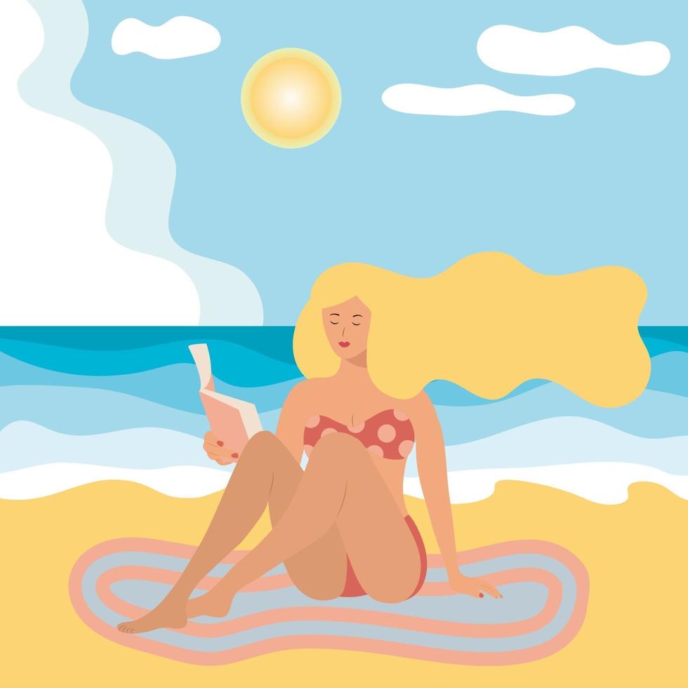 blond meisje in een zwempak op het strand leesboek vector