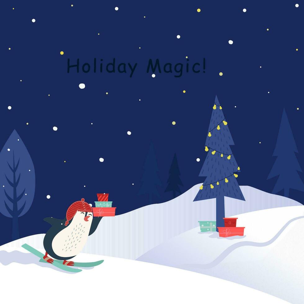 nieuw jaar kaart met tekenfilm pinguïn. pinguïn is likken, Holding cadeaus in zijn handen. opschrift vakantie magie. winter nacht Woud, sneeuwbanken, Spar bomen, sterren, sneeuw vallen. vector illustratie