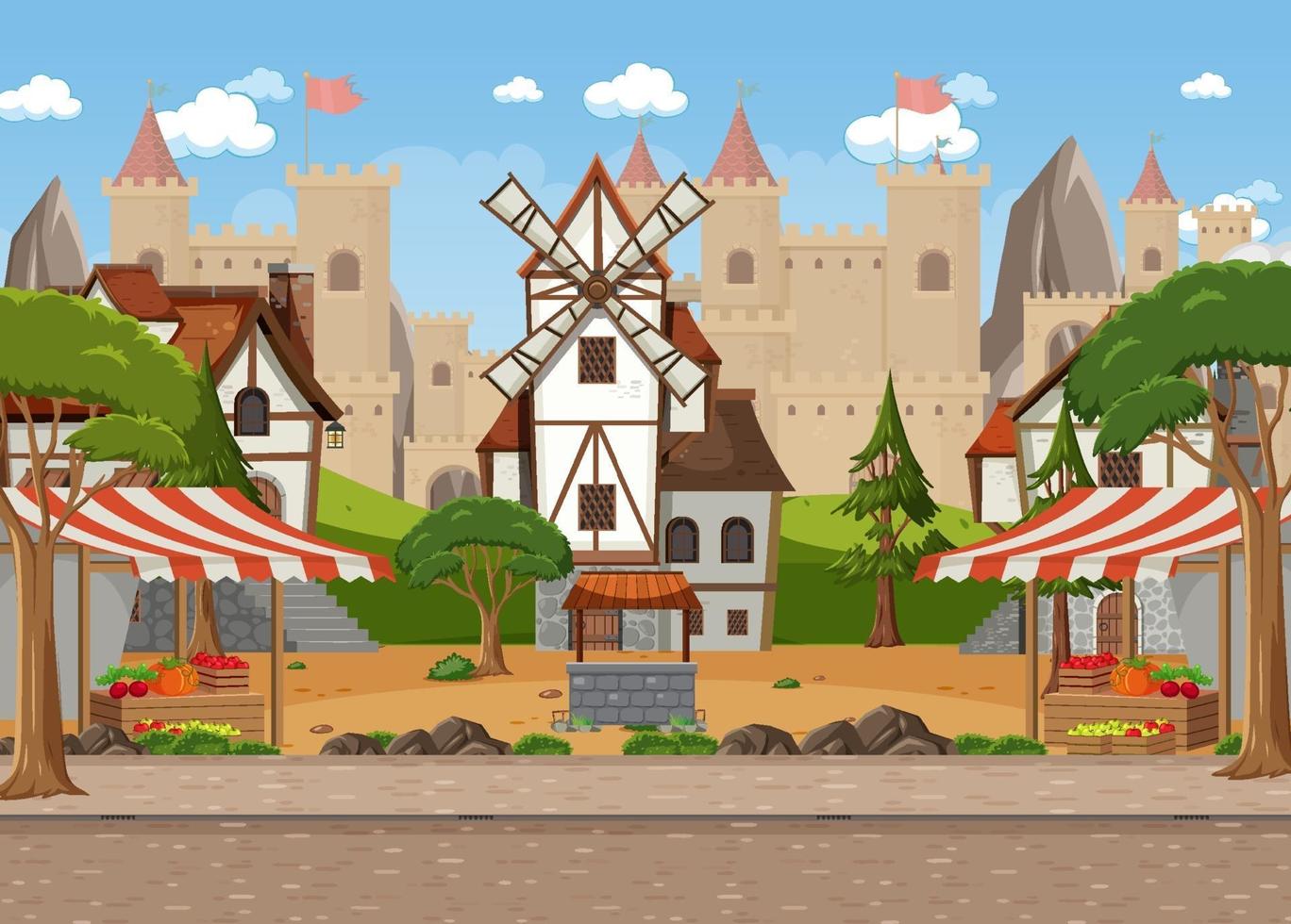 middeleeuws stadsbeeld met marktplein vector
