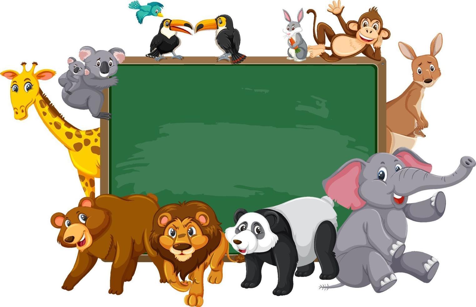 leeg schoolbord met verschillende wilde dieren vector