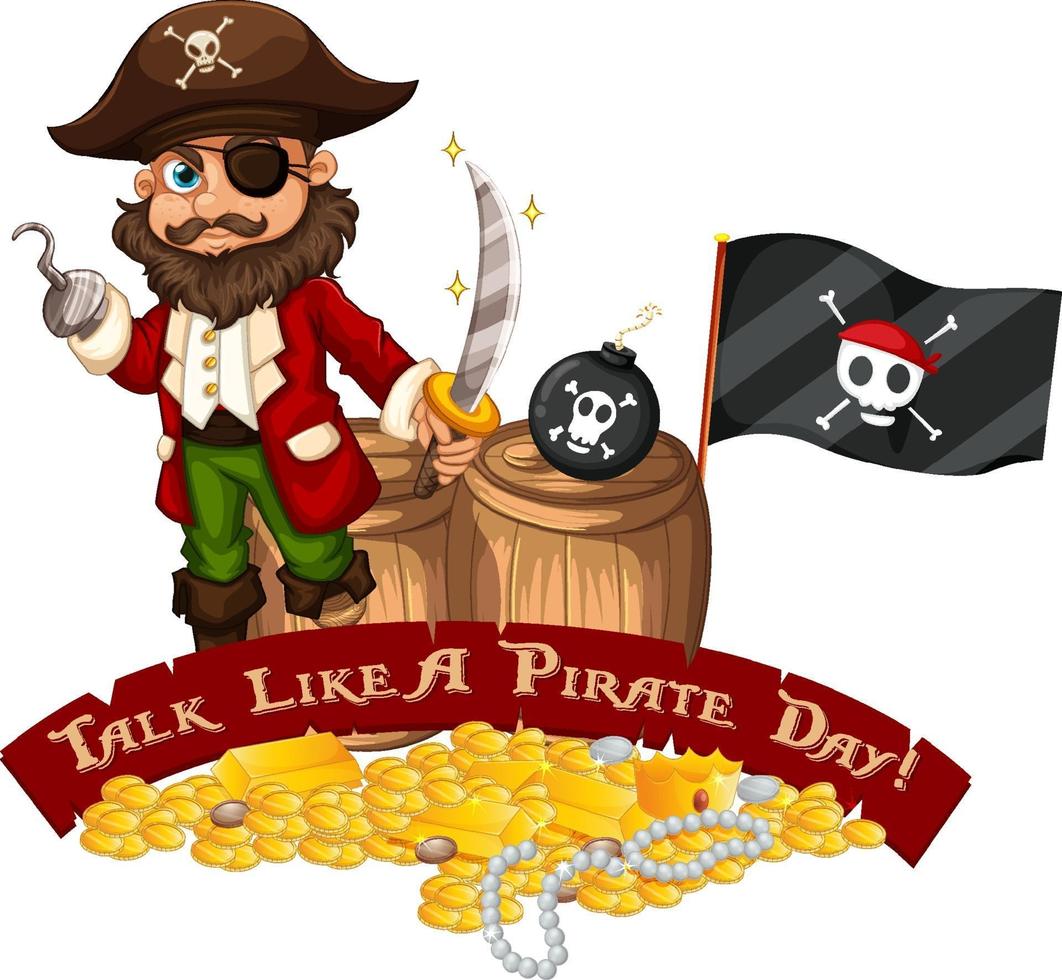 praat als een piratendag lettertype banner met piraten stripfiguur vector