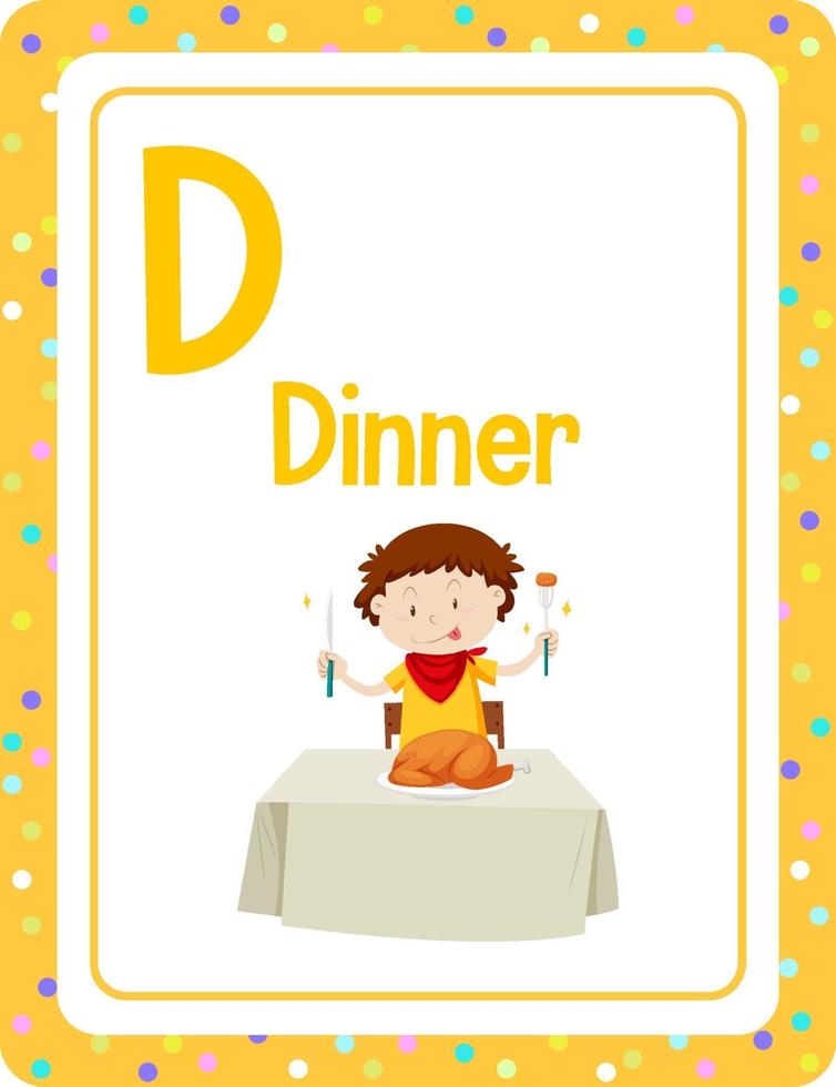 alfabet flashcard met letter d voor diner vector