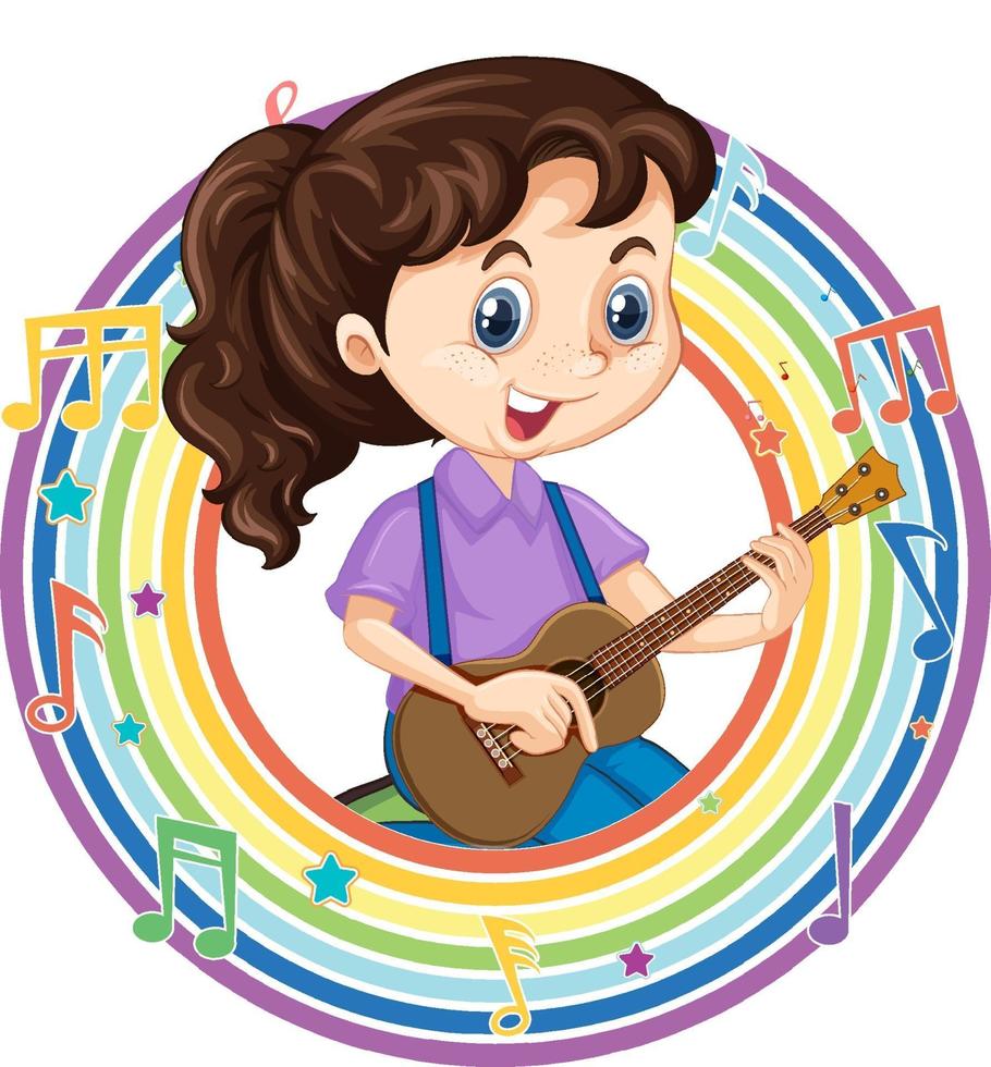 een meisje dat gitaar speelt in een regenboog rond frame met melodiesymbolen vector