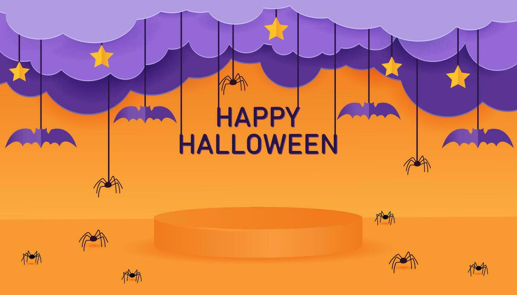 gelukkig halloween banier of partij uitnodiging achtergrond met wolken, vleermuizen en spinnen in papier besnoeiing stijl. oranje 3d podium voor halloween. vector illustratie.