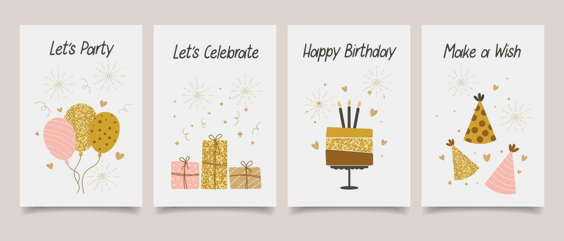 gelukkig verjaardag. reeks van groet kaarten met taarten, ballonnen, cadeaus en partij hoeden met kalligrafie. schattig Gefeliciteerd Sjablonen in een gemakkelijk stijl. vector