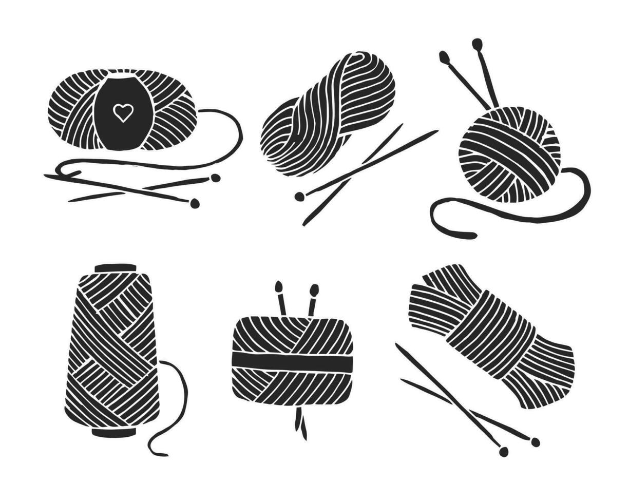 set pictogrammen rond het thema breien, handgetekende strengen, bollen draad en breinaalden. zwarte omtrek op witte achtergrond vector