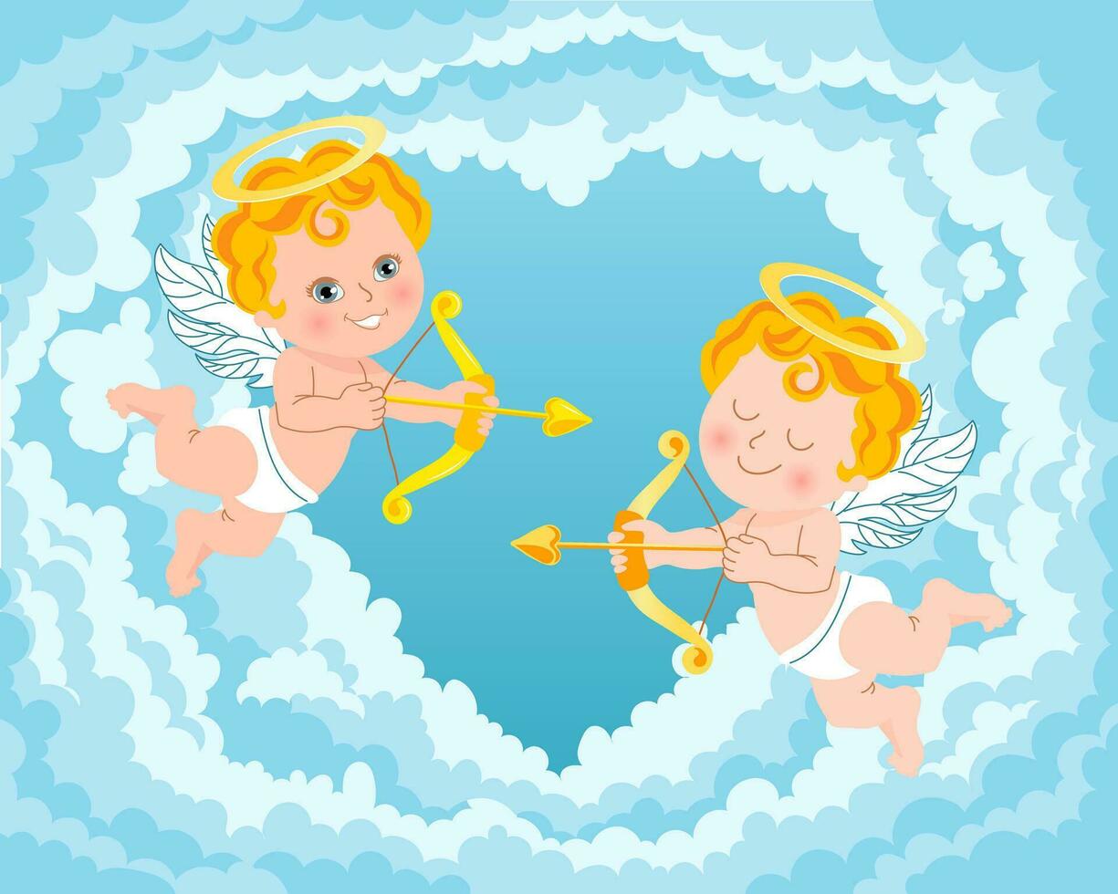 schattig Cupido engelen met bogen en pijlen in de wolken in de lucht. illustratie voor bruiloft, valentijn, vector