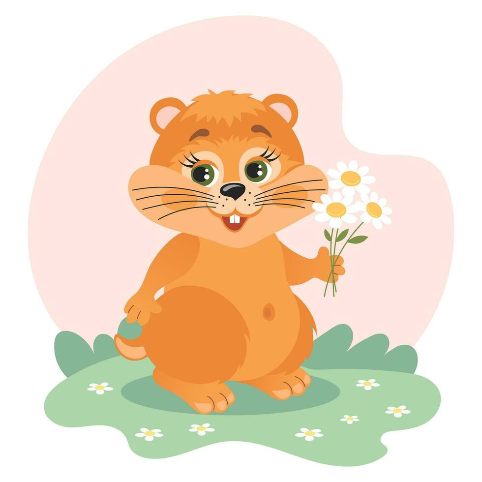 schattig tekenfilm aardeekhoorn, hamster met een boeket van bloemen in een weide met madeliefjes. illustratie in vlak stijl. kinderen afdrukken. vector