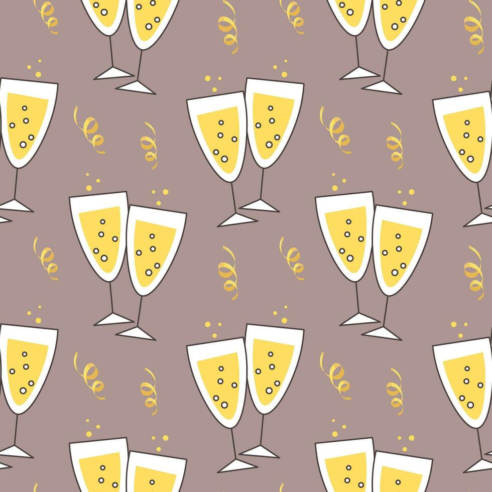 feestelijk naadloos patroon, Champagne bril en vuurwerk. feestelijk achtergrond, afdrukken, vector
