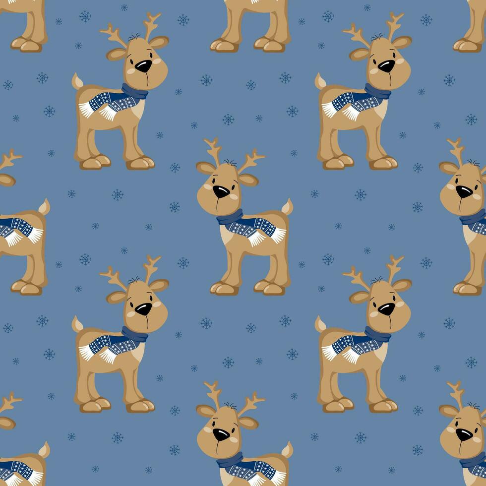 naadloos patroon, schattig tekenfilm Kerstmis rendier in de kerstman hoeden Aan een blauw achtergrond met sneeuwvlokken. afdrukken, textiel, vector